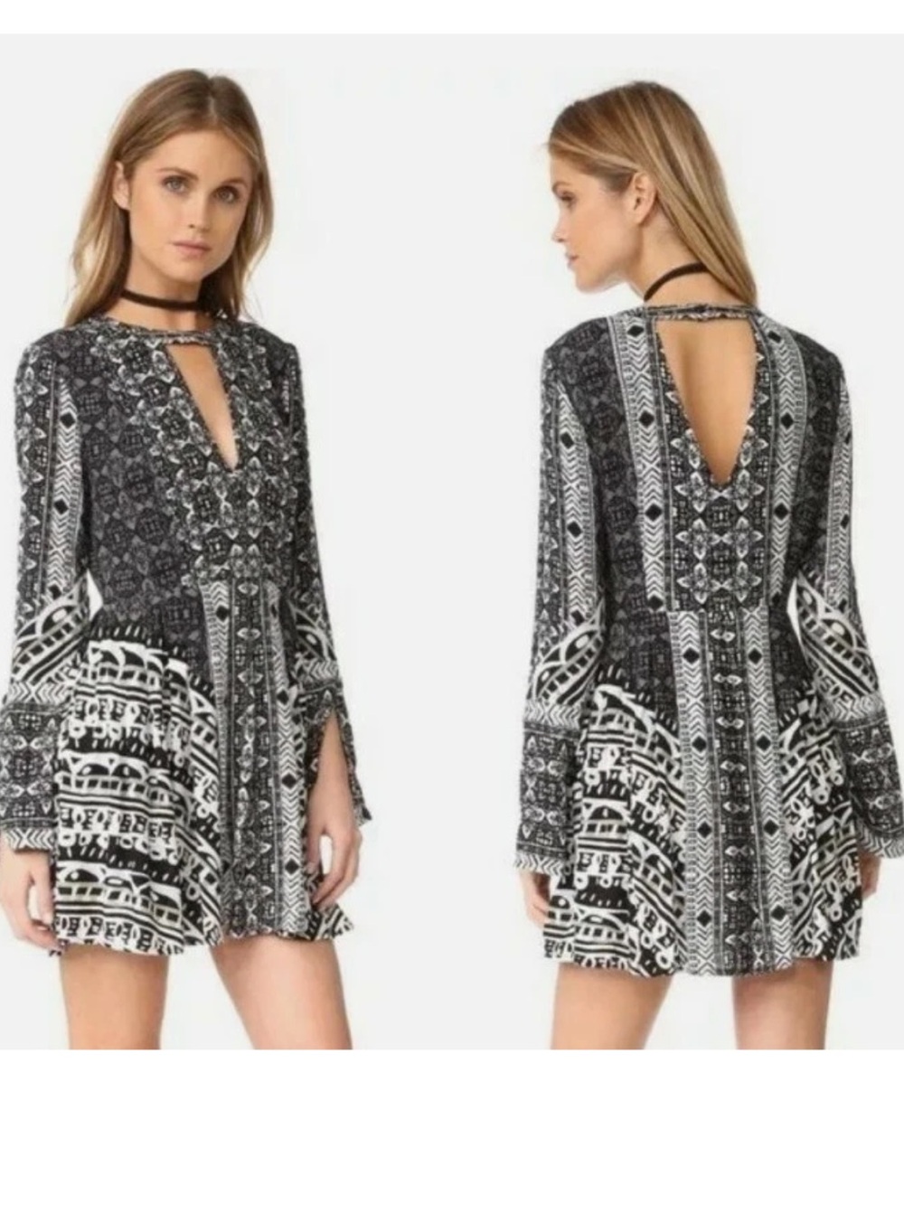 Free People tegan Black & White Printed Mini Dress with Keyhole Back size 0